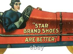 1900s RARE STAR BRAND SHOES TIN LITHOGRAPH DIE CUT RACE CAR ADVERTISING TOY SIGN