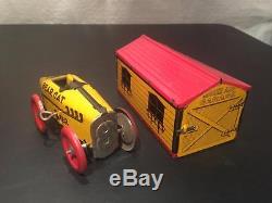1920's Girard Toys Tin Windup Toy Bear Cat Racer Car in Original Tin Garage