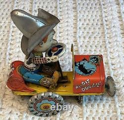 1930's Unique Art Mfg Co. Rodeo Joe, Tin Windup, Crazy Car Vintage Toy SEE Video
