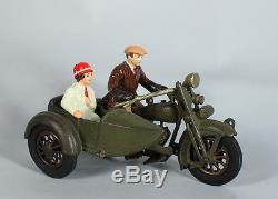 1930s Hubley Cast Iron Indian Motorcycle w Side Car & Civilian Passengers 9