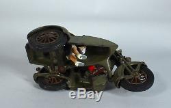 1930s Hubley Cast Iron Indian Motorcycle w Side Car & Civilian Passengers 9