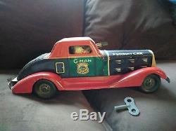 1930s Louis Marx G Man Pursuit Car Tin Toy Wind Up Works Great! Nice Condition