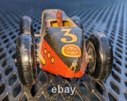 1930s MARX TIN LITHO #3 MIDGET RACER RACING CAR With DRIVER, BLACK, RED & YELLOW
