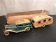 1940's Mettoy Tin Windup Toy Car Coupe pulling Travel Camping Trailer