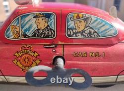 1940s/1950s Louis Marx Toys Tin Litho Fire Dept Chief Car Wind Up with Key/Runs