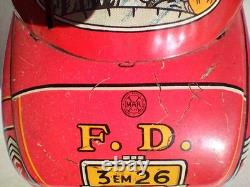 1940s/1950s Louis Marx Toys Tin Litho Fire Dept Chief Car Wind Up with Key/Runs