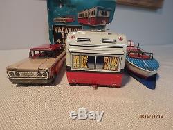 1950'S MODERN TOYS JAPAN TIN VACATION SET, HOUSE TRAILER, BOAT, CAR ETC. With BOX