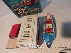 1950'S MODERN TOYS JAPAN TIN VACATION SET, HOUSE TRAILER, BOAT, CAR ETC. With BOX