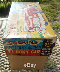 1950's LUCKY CAR Marusan Tin Toy+Smoking Mystery Action MIB SAN+Original Box EX