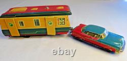 1950's TIN Litho FRICTION OLDSMOBILE Car/TRAILER HOUSE by YONEZAWA Hugh Ugoli