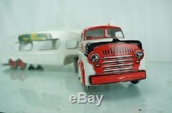 1950S MARX PRESSED STEEL AUTO TRANSPORT SEMI CAR HAULER With ORIG CARS & BOX +++