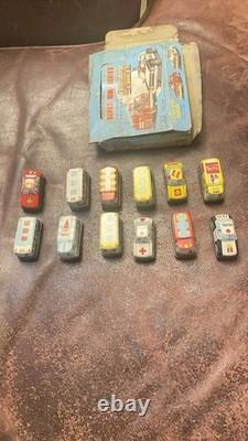 1950s Tin Litho Friction Cars And Trucks Set Of 12 With Horrible Store Display