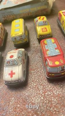 1950s Tin Litho Friction Cars And Trucks Set Of 12 With Horrible Store Display