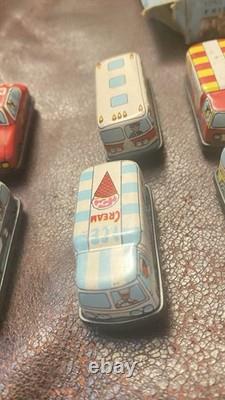 1950s Tin Litho Friction Cars And Trucks Set Of 12 With Horrible Store Display
