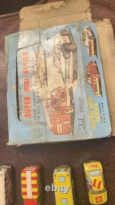 1950s Tin Litho Friction Cars And Trucks Set Of 12 With Horrible Store Display