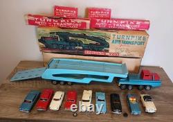 1960s Japan Tin Friction Sears Turnpike Car Transporter & 12 Friction Cars & Box