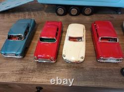 1960s Japan Tin Friction Sears Turnpike Car Transporter & 12 Friction Cars & Box