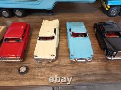 1960s Japan Tin Friction Sears Turnpike Car Transporter & 12 Friction Cars & Box