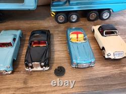 1960s Japan Tin Friction Sears Turnpike Car Transporter & 12 Friction Cars & Box