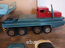 1960s Japan Tin Friction Sears Turnpike Car Transporter & 12 Friction Cars & Box