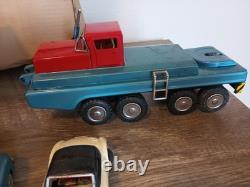 1960s Japan Tin Friction Sears Turnpike Car Transporter & 12 Friction Cars & Box