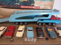 1960s Japan Tin Friction Sears Turnpike Car Transporter & 12 Friction Cars & Box