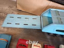 1960s Japan Tin Friction Sears Turnpike Car Transporter & 12 Friction Cars & Box