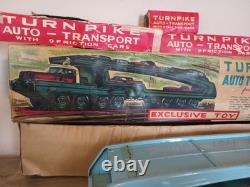 1960s Japan Tin Friction Sears Turnpike Car Transporter & 12 Friction Cars & Box