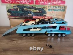 1960s Japan Tin Friction Sears Turnpike Car Transporter & 12 Friction Cars & Box