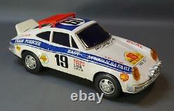 1970s Alps Japan Porsche Carrera 911 Car Tin Toy East African Rally w Smoke