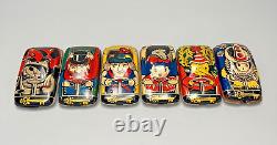 1970s Vintage Soviet Russian BURATINO Golden Key Racing Car Set of 6 Tin Toy