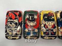 1970s Vintage Soviet Russian BURATINO Golden Key Racing Car Set of 6 Tin Toy