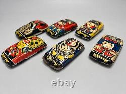 1970s Vintage Soviet Russian BURATINO Golden Key Racing Car Set of 6 Tin Toy