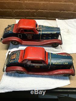 2 G Man Cars Vintage 1930s Louis Marx G Man Pursuit Cars Wind Up Tin Toy Rare