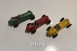 3 Vintage Hubley Kidie Toy Red Yellow & Green #5 Race Car With Driver Made In Us