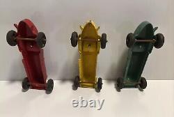 3 Vintage Hubley Kidie Toy Red Yellow & Green #5 Race Car With Driver Made In Us