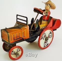 30's Louis Marx Whoopee Cowboy Car Tin Lithographed Wind Up Toy 7 1/4 Large
