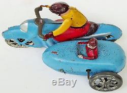 40's Rare Motorcycle With Side Car Tin Litho Hand Painted Wind Up Toy 6 Large