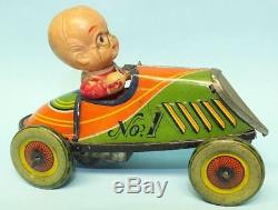 ANTIQUE PREWAR CY JAPAN TIN WIND UP TOY #1 RACE CAR RACER with CELLULOID DRIVER