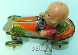 ANTIQUE PREWAR CY JAPAN TIN WIND UP TOY #1 RACE CAR RACER with CELLULOID DRIVER