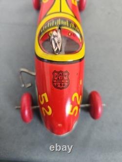 Antique J. Chein Wind Up Tin Litho #52 Racer Indy Race Car Toy with Driver 6.5