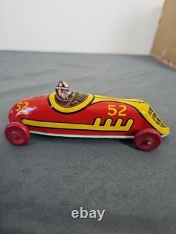 Antique J. Chein Wind Up Tin Litho #52 Racer Indy Race Car Toy with Driver 6.5