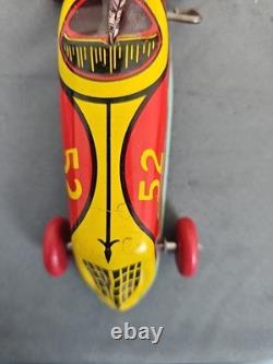 Antique J. Chein Wind Up Tin Litho #52 Racer Indy Race Car Toy with Driver 6.5