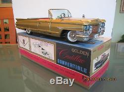 BANDAI 1963 GOLDEN CADILLAC CONV 17 BATT OP TIN TOY CAR MADE IN JAPAN WithBOX NR