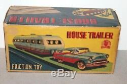 BEAUTIFUL VINTAGE 1950'S SSS TIN FRICTION CAR with HOUSE TRAILER in BOX