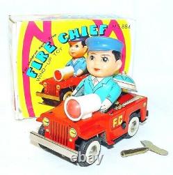 China MS-884 WILLYS JEEP FIRE CHIEF Tin Toy Wind-Up Car 13cm MIB`76 TOP RARE