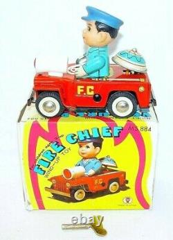 China MS-884 WILLYS JEEP FIRE CHIEF Tin Toy Wind-Up Car 13cm MIB`76 TOP RARE