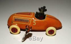 Disney 1936 Mickey Mouse Race Car Lithographed Tin Working Wind-up Toy-orange