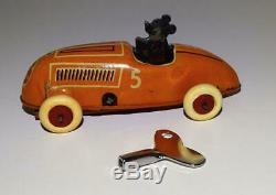 Disney 1936 Mickey Mouse Race Car Lithographed Tin Working Wind-up Toy-orange