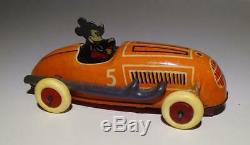 Disney 1936 Mickey Mouse Race Car Lithographed Tin Working Wind-up Toy-orange